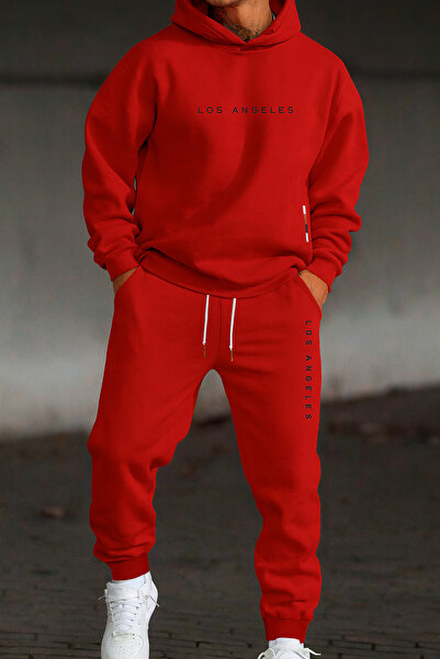 CLASSY.MODA Set de trening cu imprimeu text Los Angeles Hanorac oversize unis...