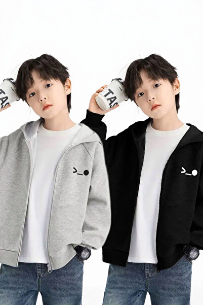 coolart Cardigan cu fermoar pentru copii din bumbac cu model facial - Negru G...