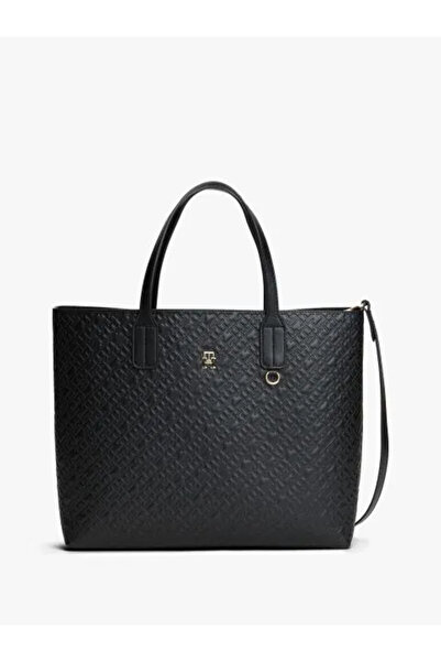 Tommy Hilfiger Geantă de umăr neagră pentru femei, cu curea groasă, cu logo metalic TH, cu închidere cu fermoar, AW0AW17684-BDS