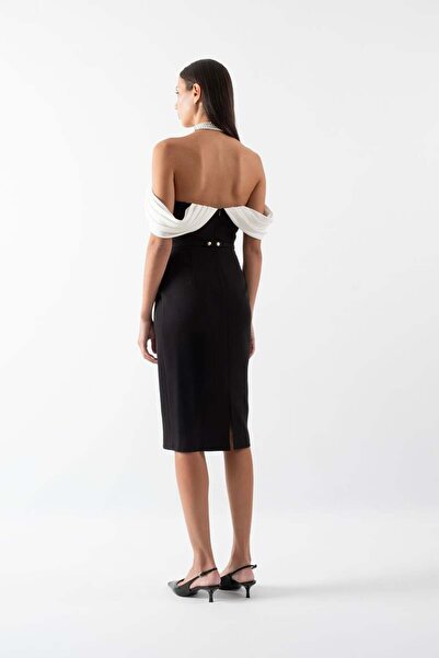 Spazio Delfa Straplez Düşük Kol Fiyonk Kemerli Kısa Abiye Elbise SİYAH