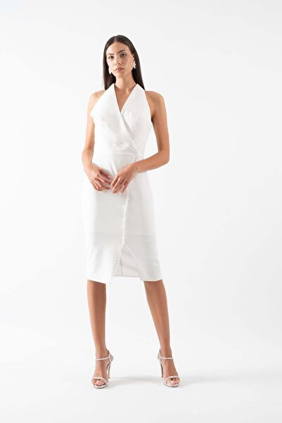 Spazio İrnerio Asimetrik Kesim Boncuk Detaylı Kısa Abiye Elbise EKRU