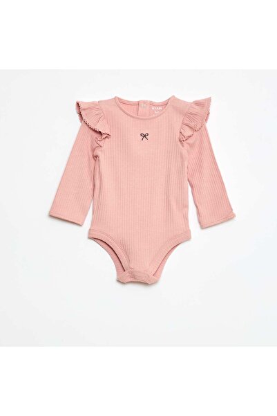 KIABI بدلة جسم مضلعة بأكمام طويلة وأكتاف مكشكشة باللون الوردي