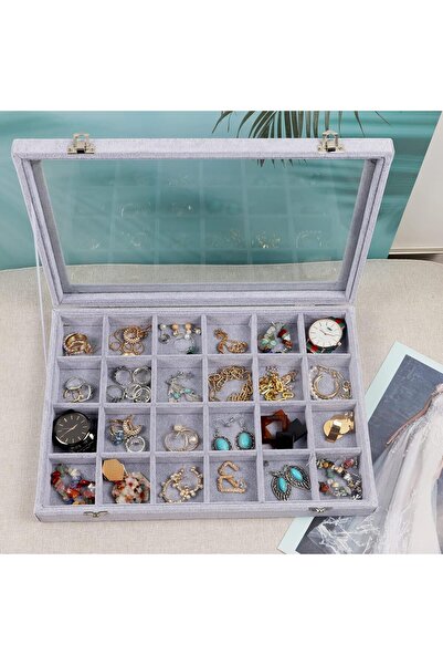 Hope Clear Lid Velvet 24 Grid Jewelry Tray Stackable Display Showcase Lockabl...
