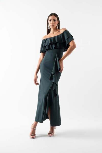 Spazio Adio Volanlı Uzun Abiye Elbise ZÜMRÜT