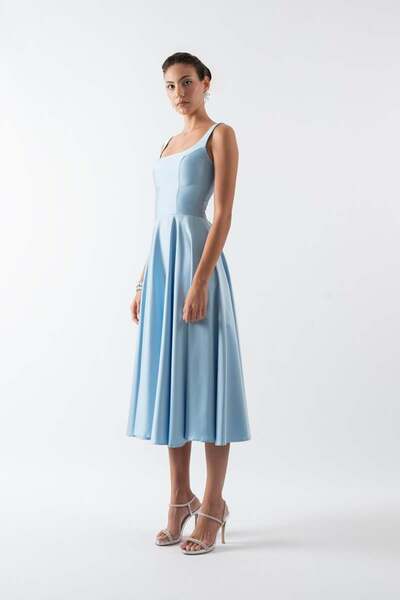 Spazio Nema Sırtı Çapraz Bağlamalı U Yaka Midi Abiye Elbise MAVİ