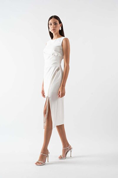 Spazio Rainwaterı Yuvarlak Yaka Kolsuz Yırtmaçlı Belden Aşağı Şerit Taş Akses...