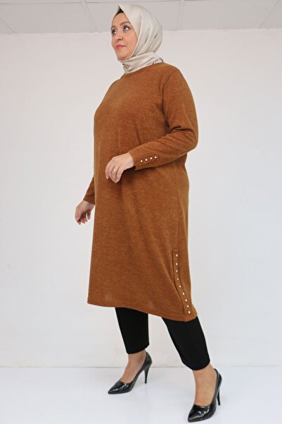 Eslina 58146 Plus Size Mir Tunic with Stone Detail on Sleeves and Side Panels - Tan