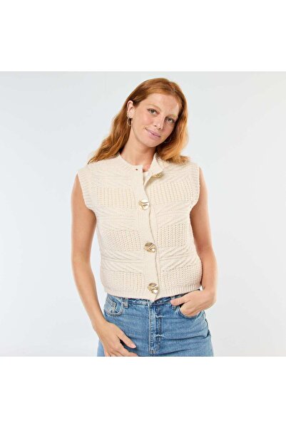 KIABI Cable Knit Sleeveless Cardigan WHITE