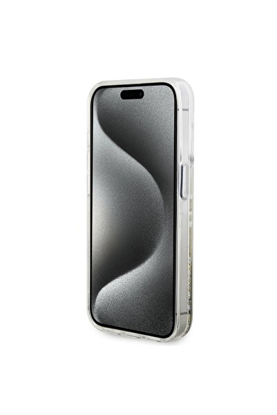 Guess Θήκη για iPhone 15 Pro, Υγρό γκλίτερ σε χρυσές ρίγες, - Διαφανής