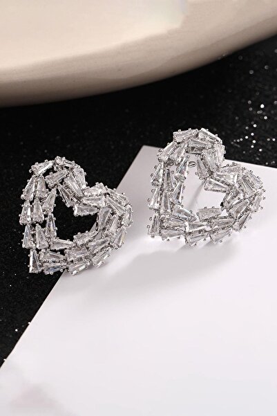 TAKIŞTIR Silver Color Heart Figured Stone Detailed Earrings (Pair)