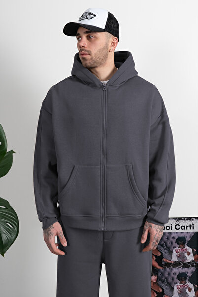 YAKAMEL Erkek Oversize Kalın Fermuarlı Düz Hırka