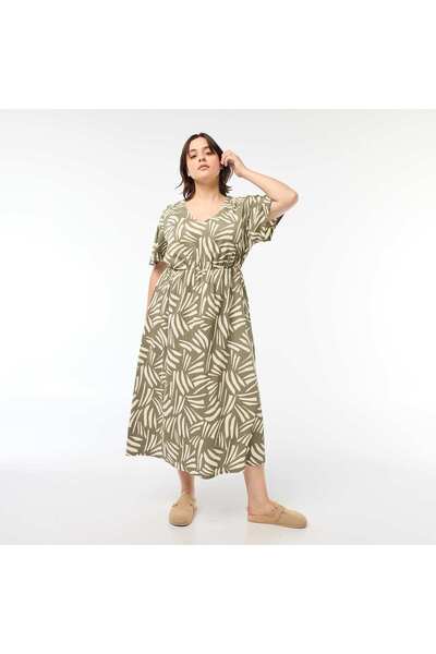KIABI Patterned V-neck maxi dress KHAKI