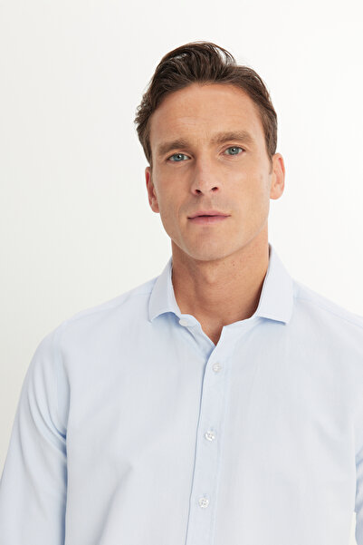 AC&Co / Altınyıldız Classics Men's White-Blue Slim Fit Slim-Fit Italian Collar Dobby Cotton Basic Shirt