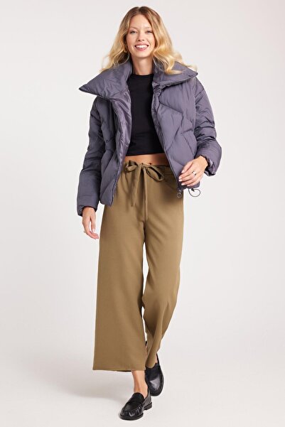 Tudors Women's Relax Fit Comfortable Cut Elastic Waistband Tie-Up Wide Leg Khaki Pants