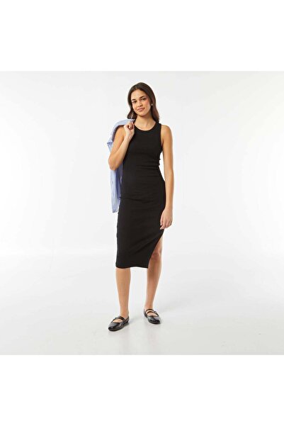 KIABI Long form-fitting ribbed knit sleeveless dress BLACK
