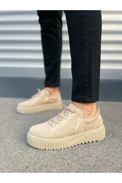 Zapatos JY502 حذاء رياضي يومي للرجال من الجلد المدبوغ برباط جريء SKT - كريمي