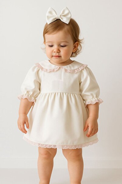 Hobidik Baby Baby Girl Pink Guipure Lace Satin Dress Set