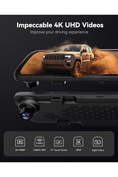 WOLFBOX G840S 12" 4K Mirror Dash Cam Backup Camera, 5.8GHz WiFi Smart Rearview Mirror for Cars & Tru