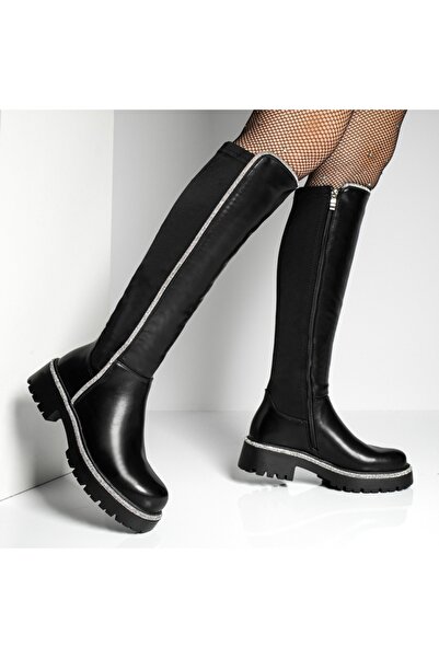 Modlet.ro Women's black long boots with thick sole and metallic details MOD12914