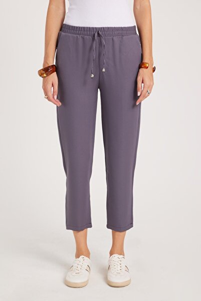 Tudors Kadın Relax Fit Rahat Kesim Yüksel Bel Dar Paça Beli Lastikli Bağcıklı Antrasit Pantolon