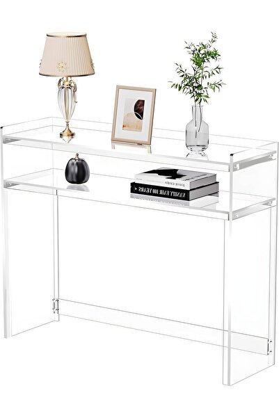 Slasa Modern Clear Acrylic Console Table with Double Storage Shelf – Dimensions: 80 x 30 x 70 cm