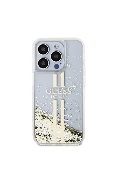 Guess Case for IPhone 15 Pro, Liquid Glitter Gold Stripes, - Transparent