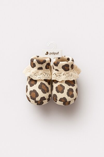 tinytrends Ribbed Flexible Leopard Patterned Baby Booties with Lace Detail