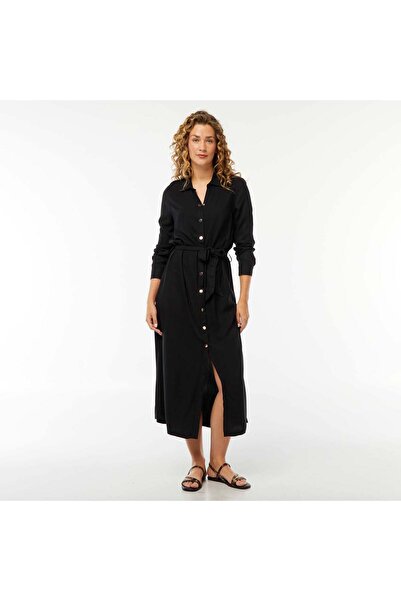 KIABI فستان قميص طويل مطبوع مع حزام أسود