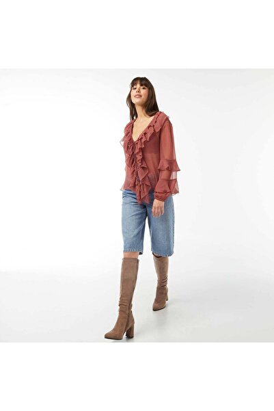 KIABI Long-sleeved ruffled blouse RED