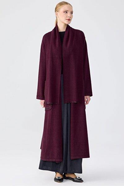 Tığ Triko Cepleri Taş İşlemeli Hırka MÜRDÜM