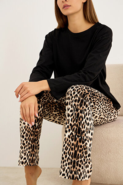 Siyah İnci leopar desenli Pamuklu Örme Pijama Takım7948