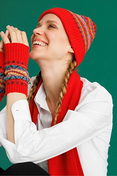 Desen Triko Women's Jacquard Wool Gloves Coral