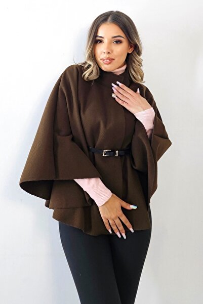 FashionForYou Amalia poncho cardigan with button and waist belt, brown