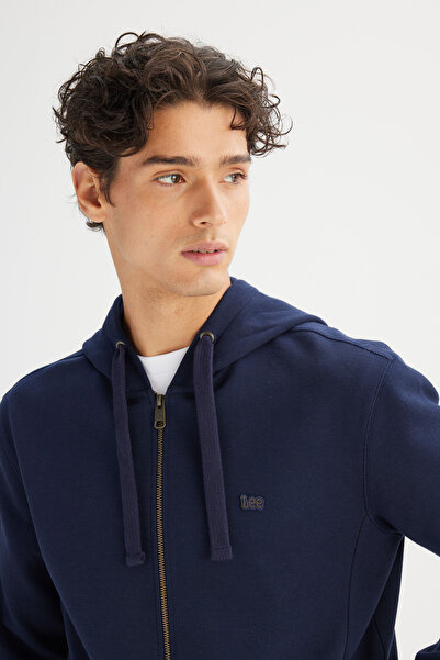 Lee Regular Fit Normal Cut Hooded Zippered Navy Blue Sweatshirt Jacket