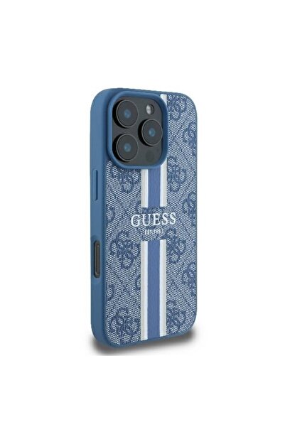 Guess Θήκη για iPhone 16 Pro, Σκληρή θήκη 4G με τύπωμα ρίγες MagSafe, Μπλε