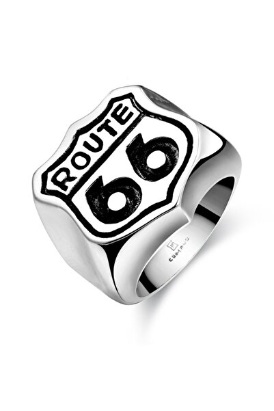 HALAMODO خاتم رجالي من الفولاذ المقاوم للصدأ مطبوع Route 66، مطلي بالكهرباء، ومزين بنص محفور