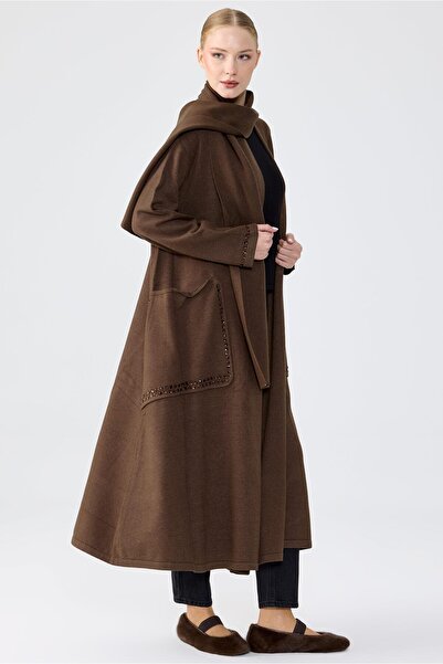 Tığ Triko Cepleri Taş İşlemeli Hırka KAHVE