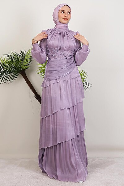 GİYZAMİLA Menekşe Kat Kat Abiye Lila