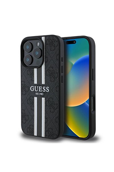 Guess Θήκη για iPhone 16 Pro Max, Σκληρή θήκη 4G με τύπωμα ρίγες MagSafe, Μαύρη