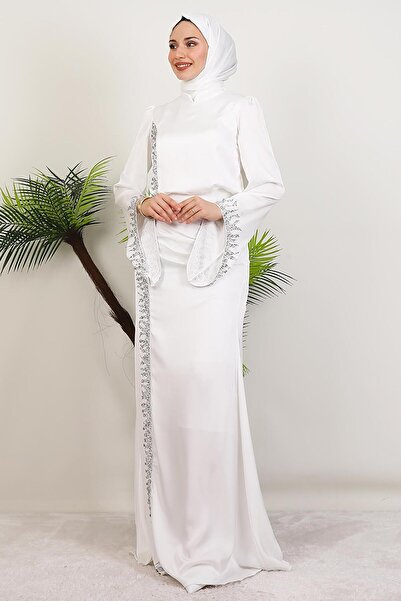 GİYZAMİLA Mihrimah Saten Abiye Beyaz