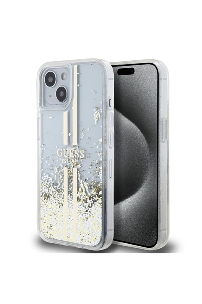 Guess Carcasă pentru iPhone 15, cu sclipici lichid și dungi aurii, - Transpar...