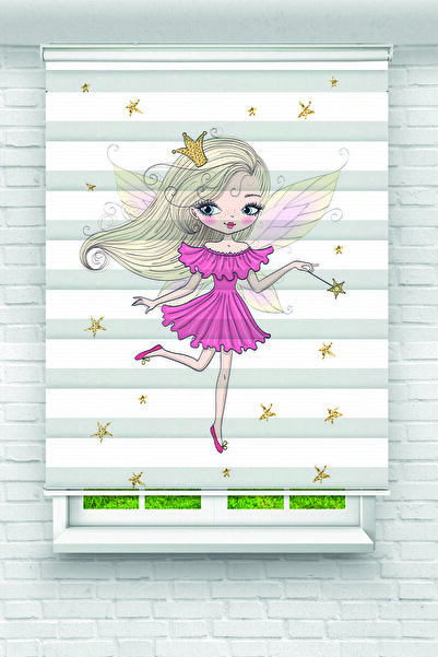 GRANDEE Pembe Peri Kız Gold Baskılı Zebra Perde-Bebek Çocuk Odası Baskılı Zeb...