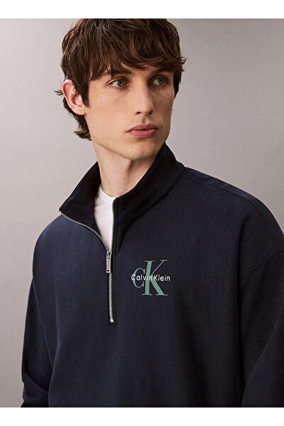 Calvin Klein Erkek Marka Logolu Pamuk Karışımlı Yarım Fermuarlı Şık Görünümlü Lacivert Sweatshirt LV