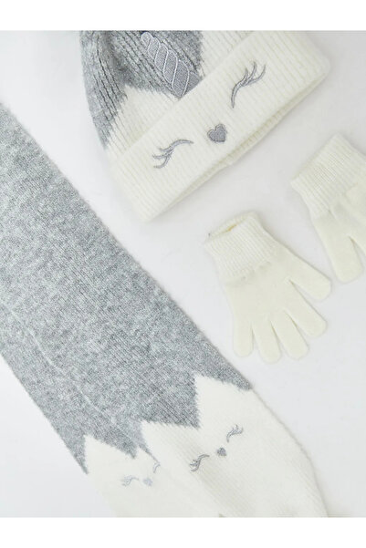 LC Waikiki LCW ACCESSORIES Сірий шарф, шапка та рукавички для дівчаток з помпонами