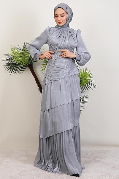 GİYZAMİLA Menekşe Kat Kat Abiye Gri