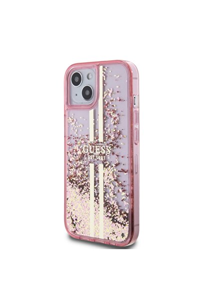Guess Θήκη για iPhone 15 Plus, Υγρό Γκλίτερ Χρυσές Ρίγες, - Ροζ