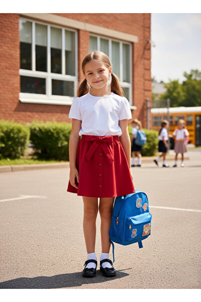 nacar çarşı Kız Çocuk Fiyonklu ve Önü Boncuklu Kırmızı Kloş Etek 23 Nisan 29 Ekim Gösteri Etek