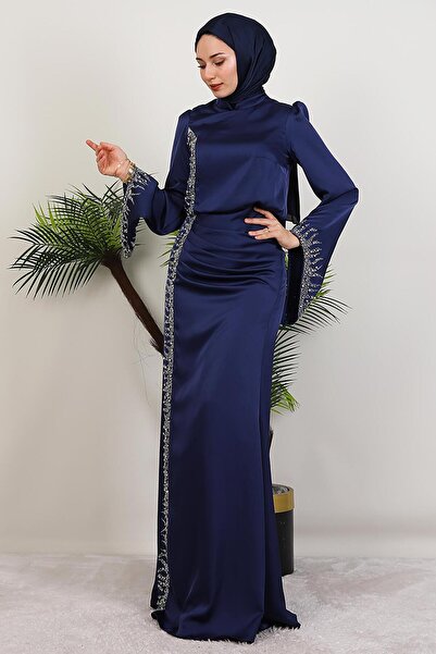 GİYZAMİLA Mihrimah Saten Abiye Lacivert
