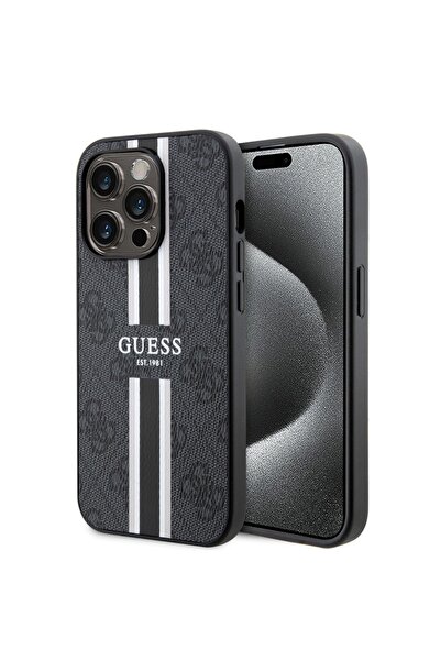 Guess Carcasă pentru iPhone 15 Pro Max, Hardcase 4G cu dungi cu imprimeu MagSafe, Negru