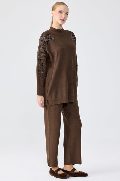 Tığ Triko Leopar Taş işlemeli Tunik Pantolon Takım KAHVE